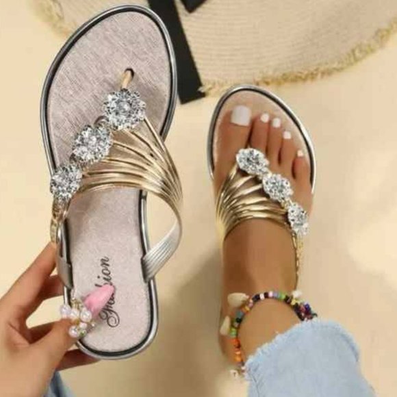 Shoes - Women Gold Rhinestone Sandals